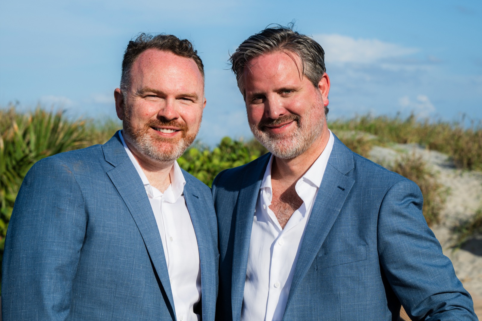 John and Reed, wedding portrait on the beach dunes at the Delray Beach Club, Delray Beach, Florida