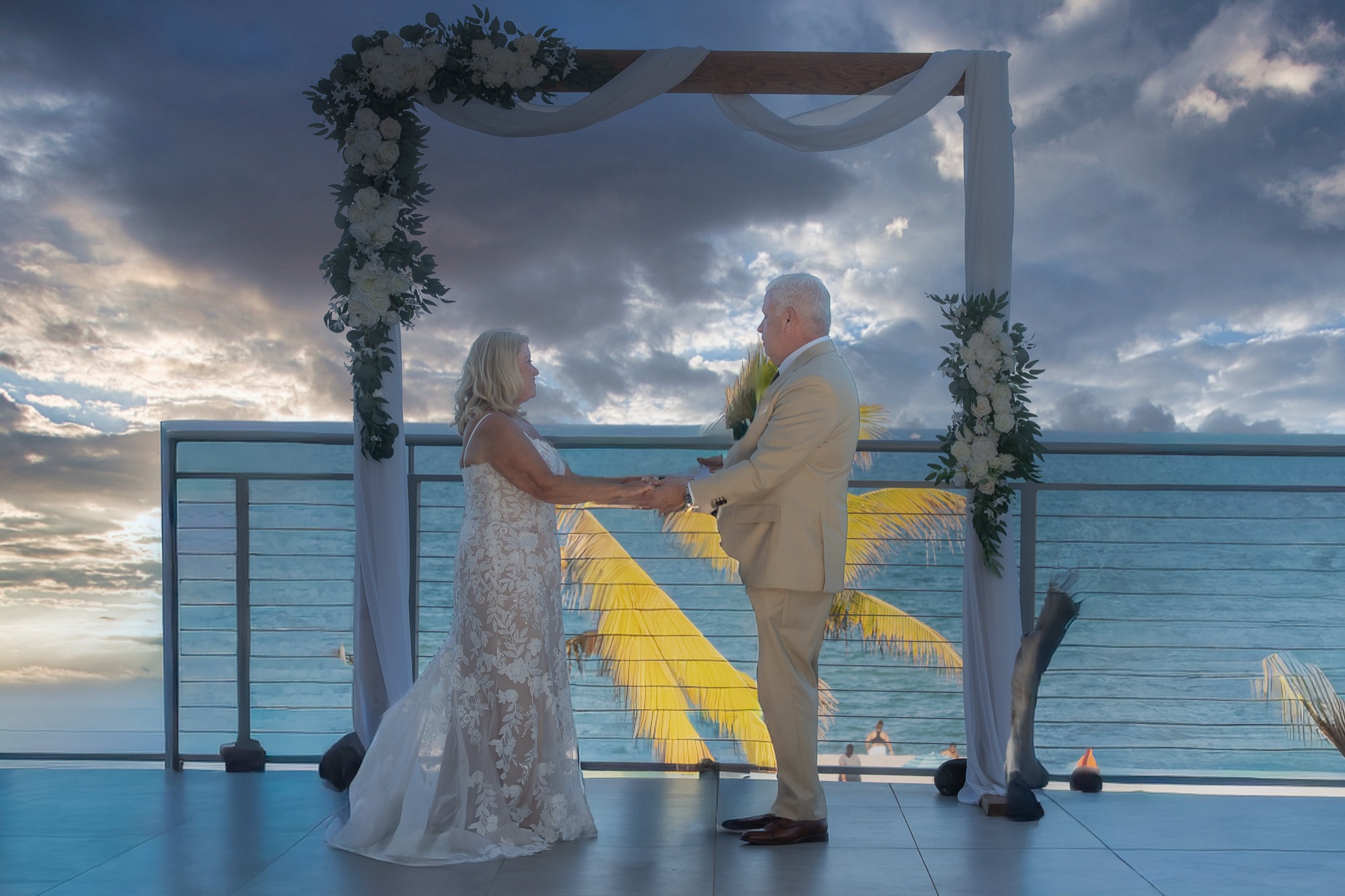 Wedding ceremony at The Oceanic Pompano Beach, ocean backdrop, golden hour